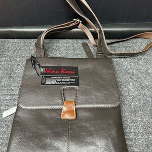 Nino Bossi Dark Brown Leather Crossbody with Tan Tab